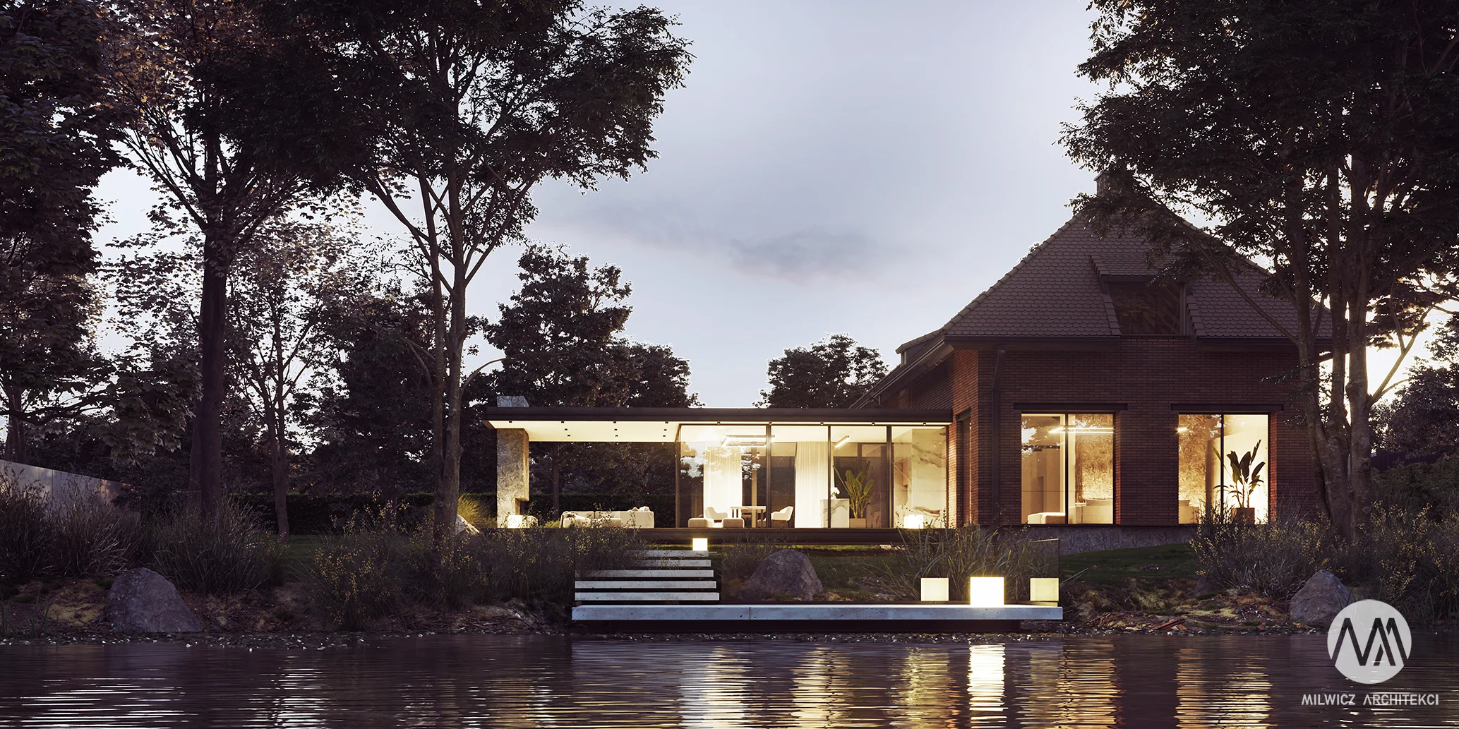 Milwicz architekci - projekty indywidualne - Mazury - widok z jeziora nocą