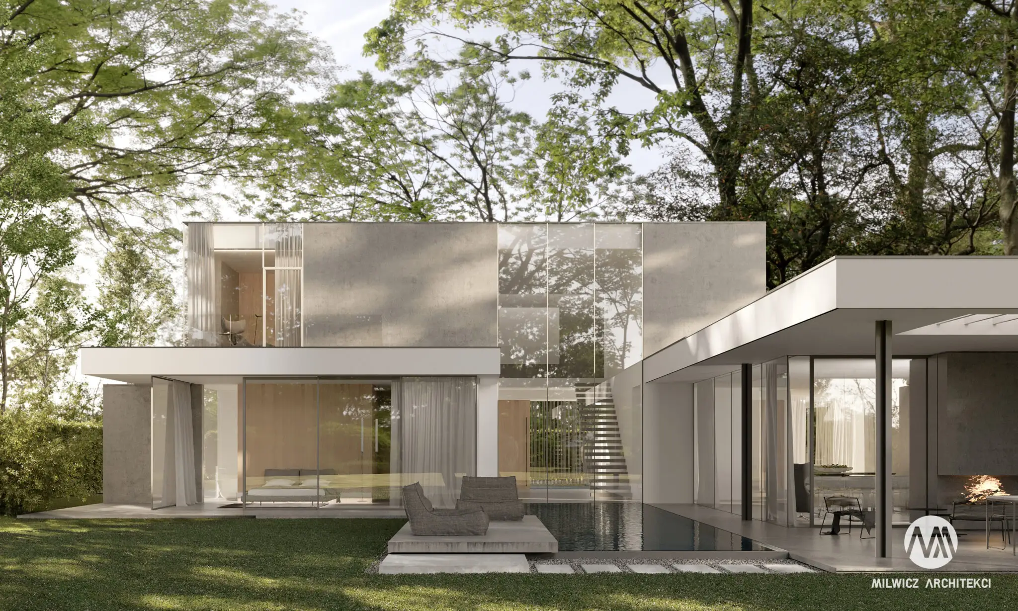 Milwicz architekci - projekty indywidualne - Na skraju puszczy - widok z zewnątrz na taras i basen