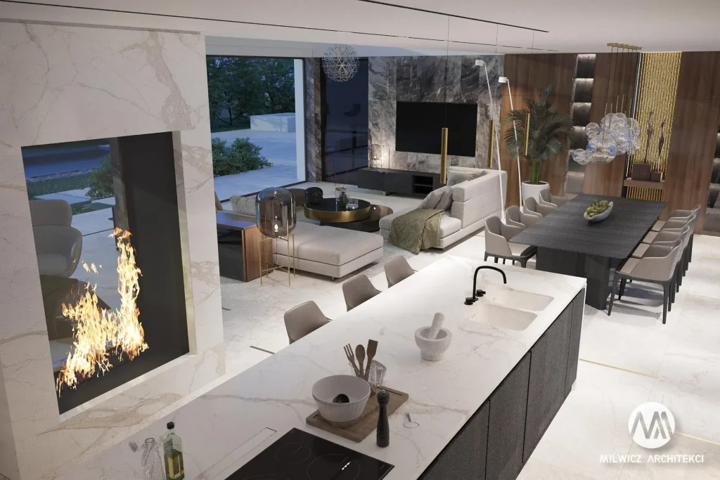 Milwicz architekci - projekty indywidualne - Opalenica wnętrza - widok na salon z góry