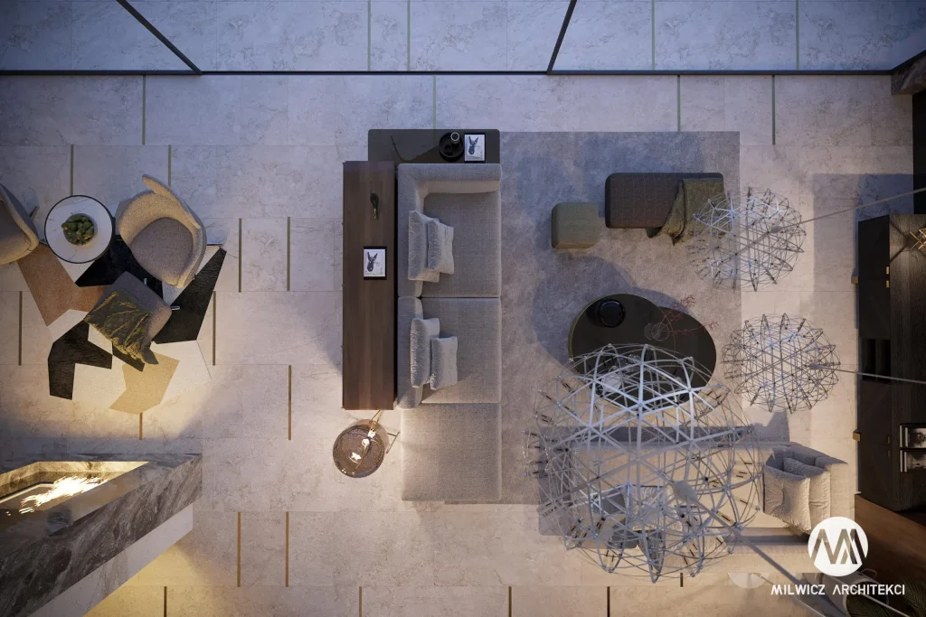 Milwicz architekci - projekty indywidualne - Opalenica wnętrza - widok na salon z lotu praka