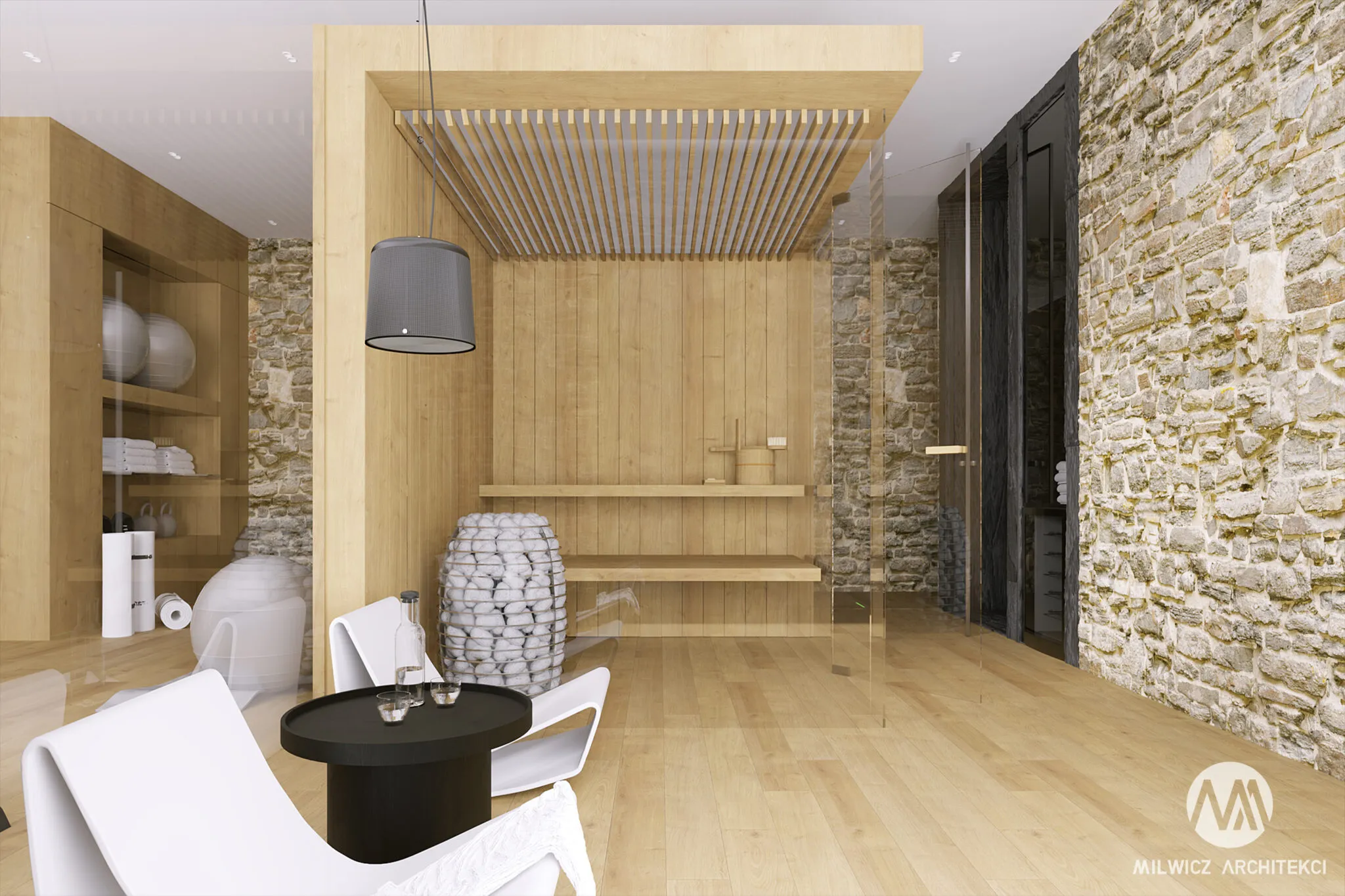 Milwicz architekci - projekty indywidualne -Szklarska Poręba - wnętrza - widok na saunę