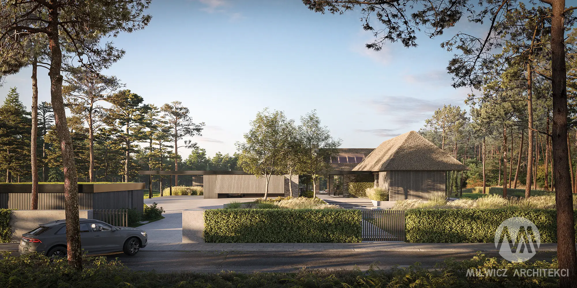 Milwicz Architekci - projekty indywidualne - dom kryty strzechą - cała posesja