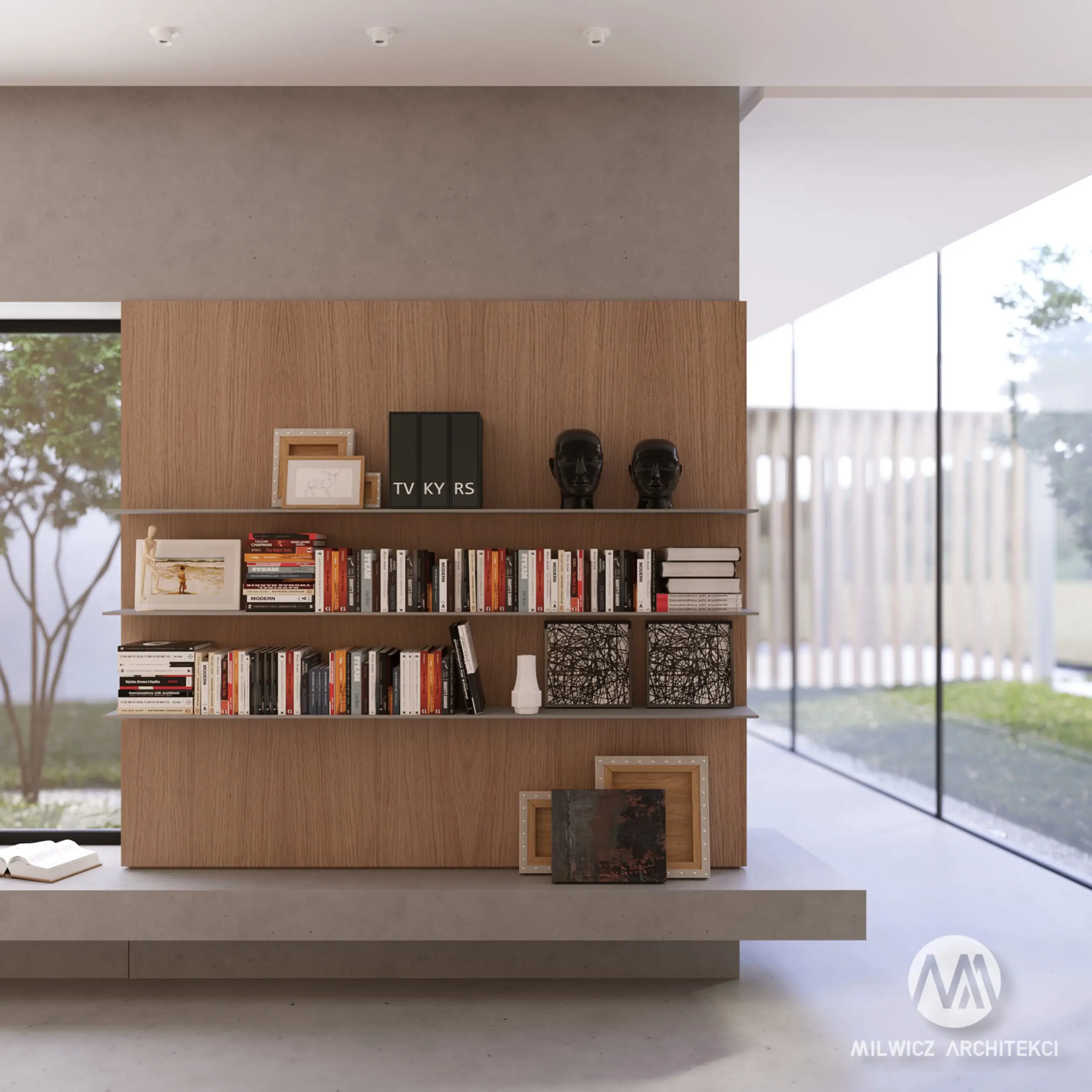 Milwicz Architekci - projekty indywidualne - dom na wzgórzu - wnętrza - półki