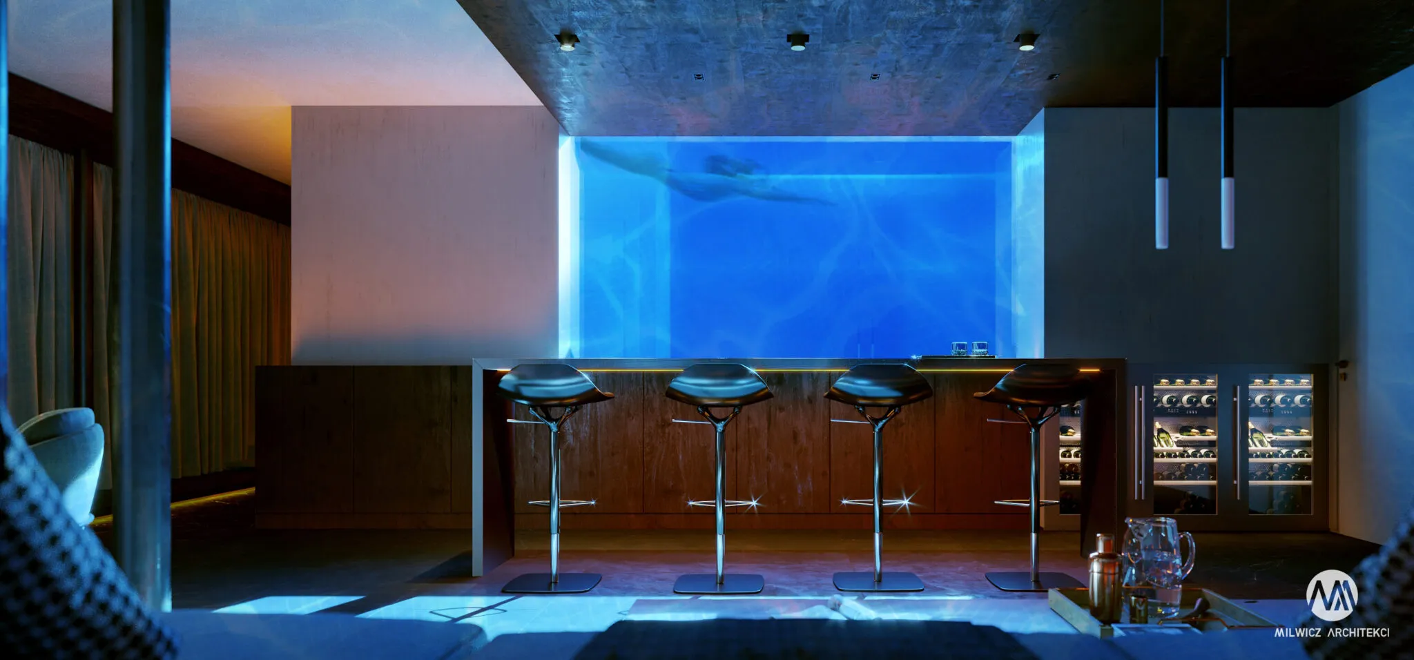 Milwicz architekci - projekty indywidualne -dom w Warszawie - wnętrza - widok na domowy bar