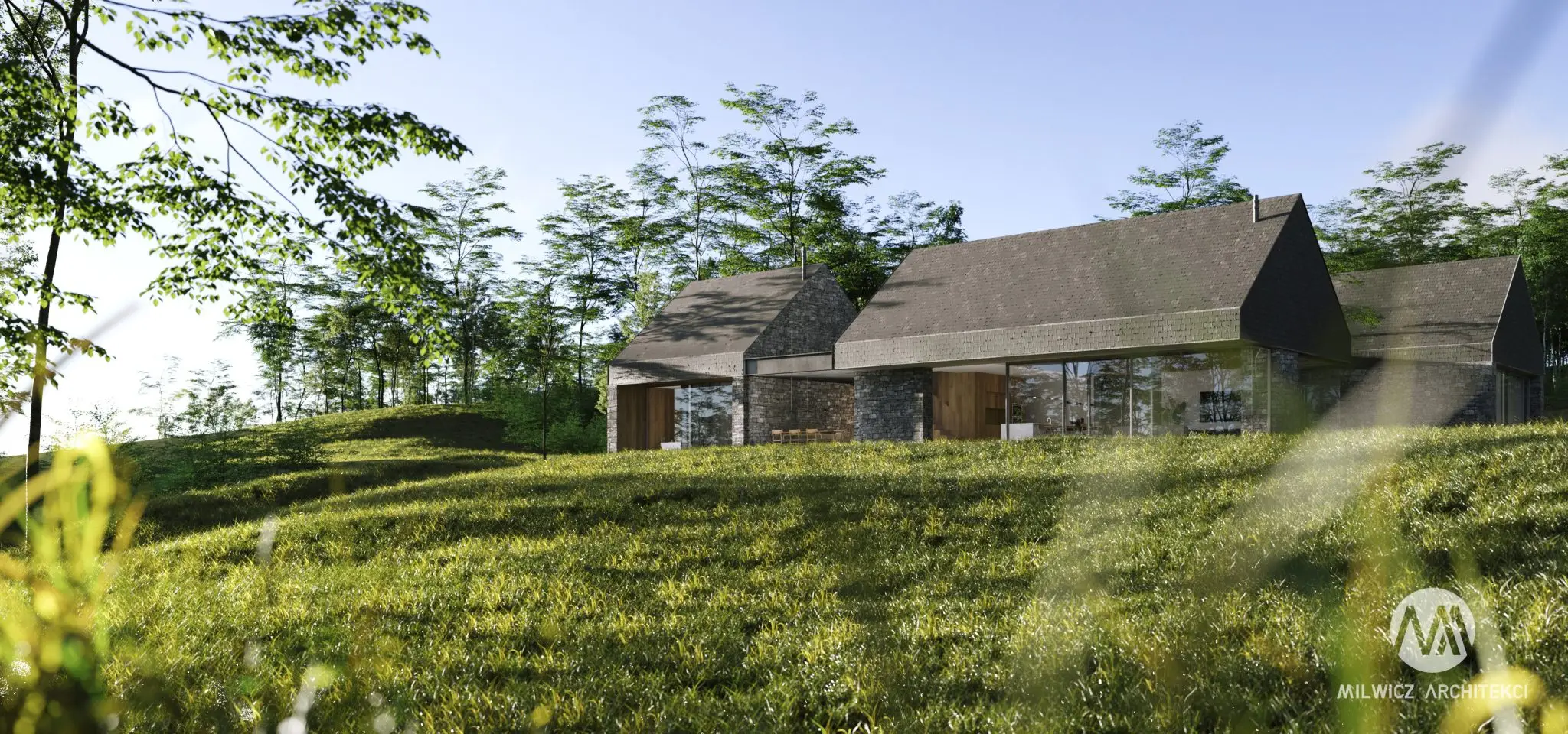 Milwicz architekci - projekty indywidualne - field house - widok na dom z zewnątrz na wzniesieniu