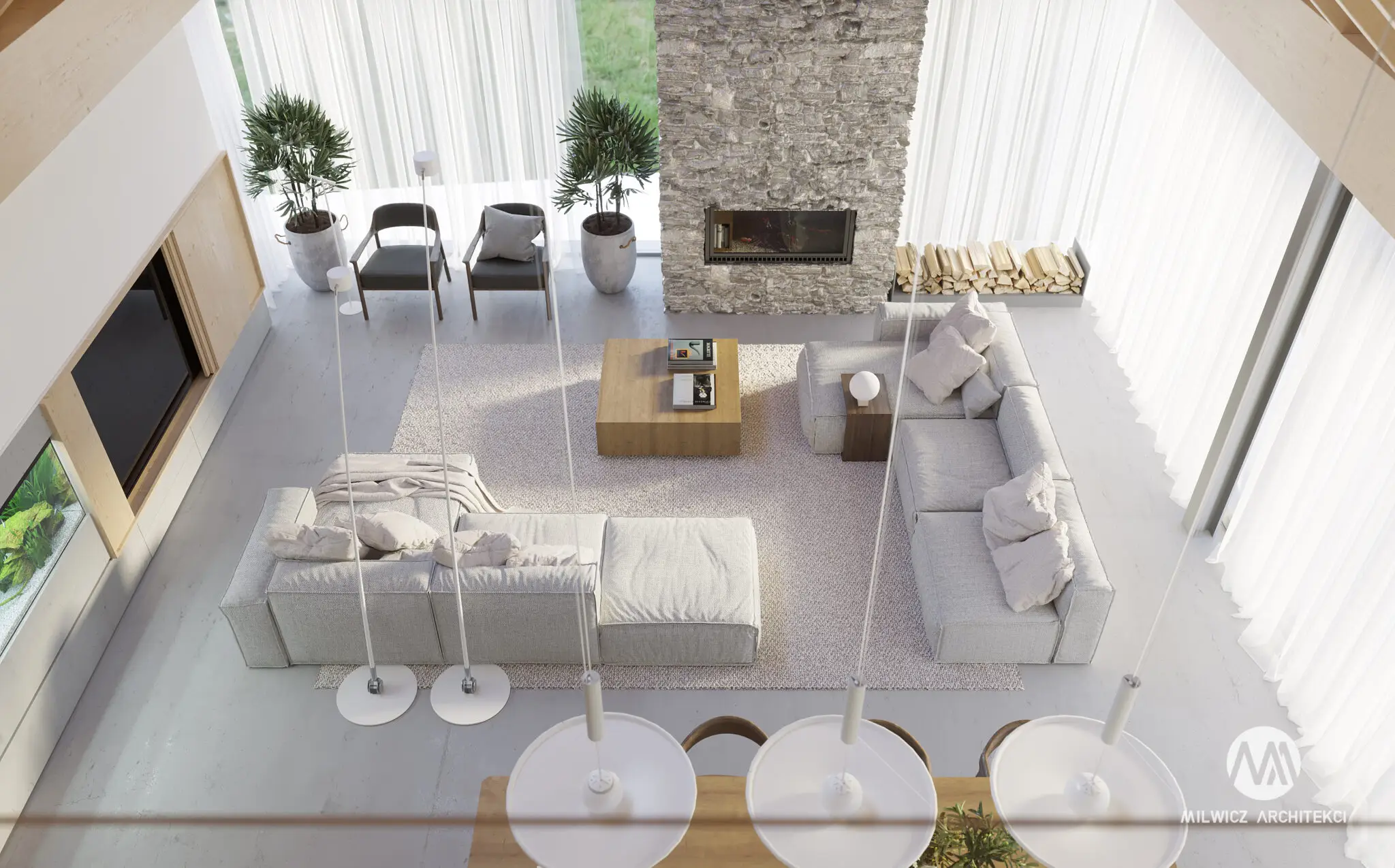 Milwicz architekci - projekty indywidualne - field house - wnętrza - salon z lotu ptaka