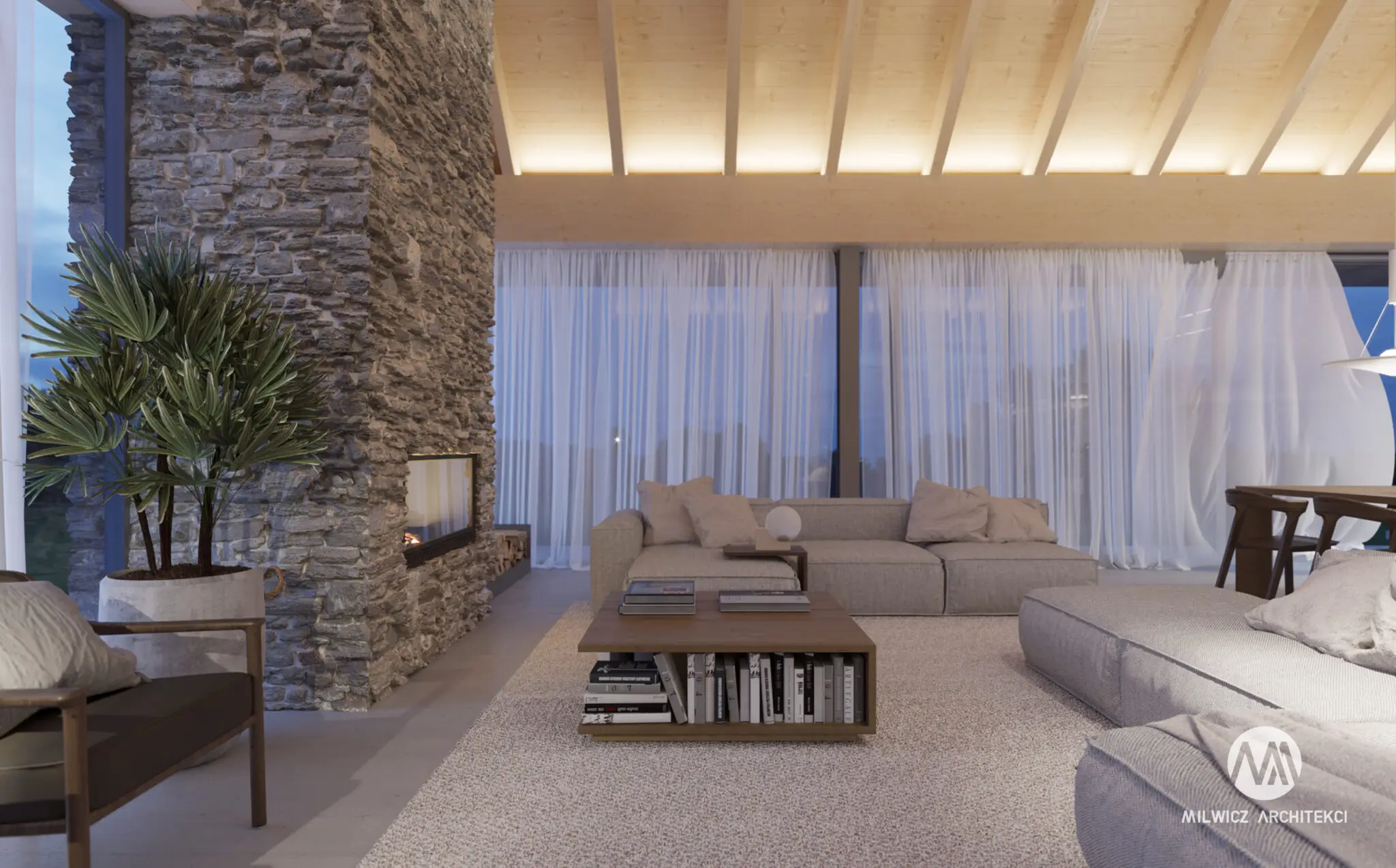 Milwicz architekci - projekty indywidualne - field house - wnętrza - środek salonu z kominkiem