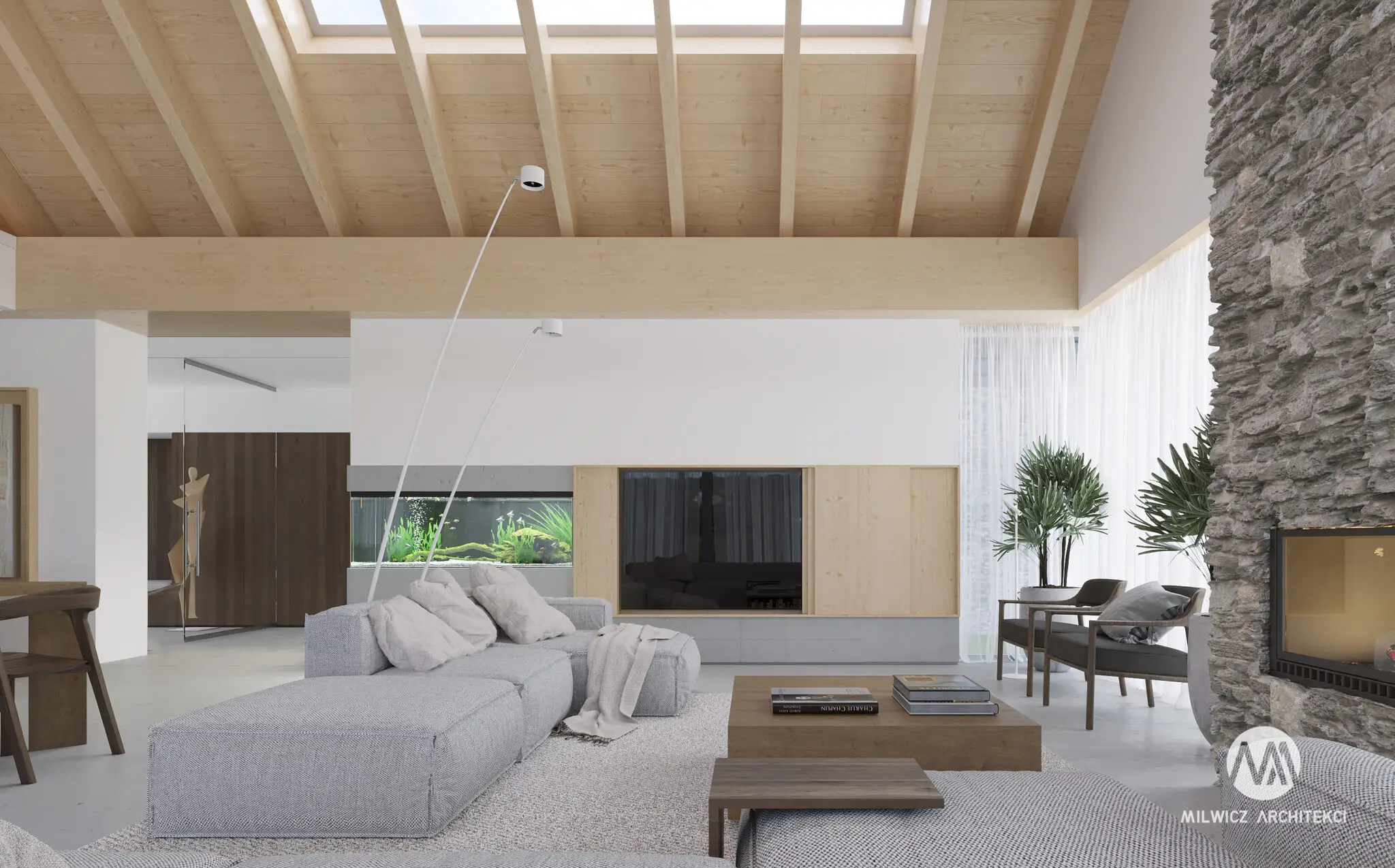 Milwicz architekci - projekty indywidualne - field house - wnętrza - widok na salon