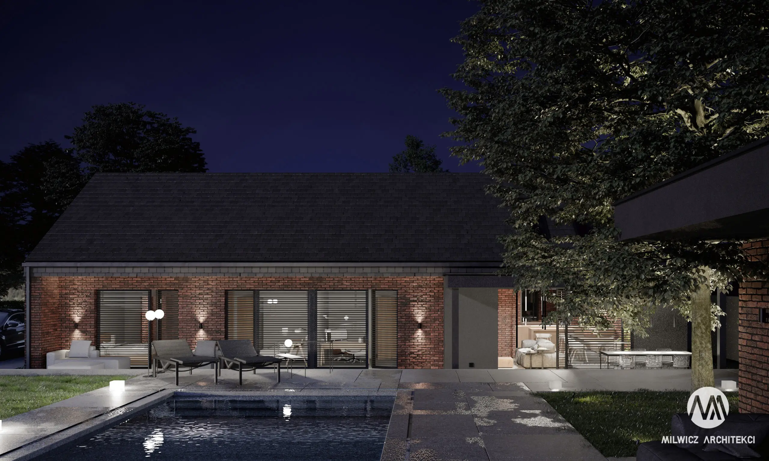 Milwicz architekci - projekt domu D114 - bok domu zewnątrz nocą