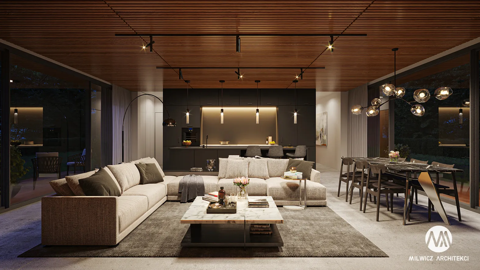 Milwicz architekci - projekt domu D125 bez garażu- widok na salon nocą