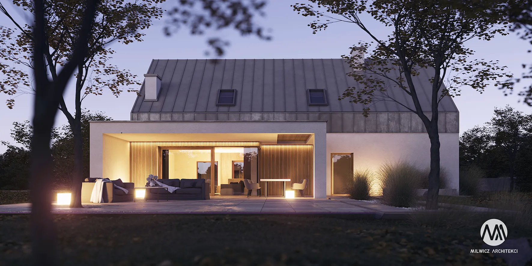 Milwicz architekci - projekt domu D126 - zewnątrz noc taras