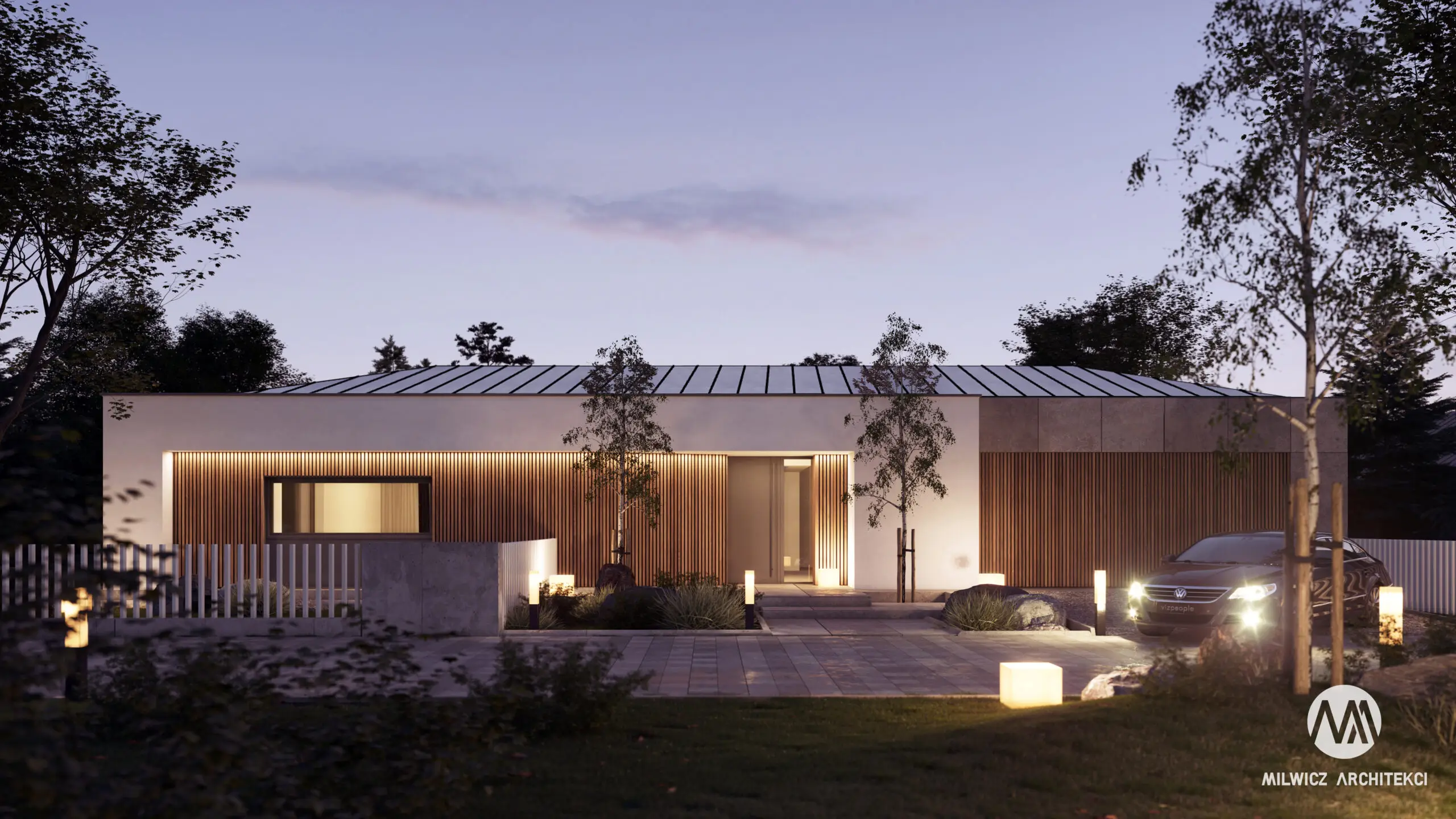 Milwicz architekci - projekt domu D131 - dom zewnątrz nocą