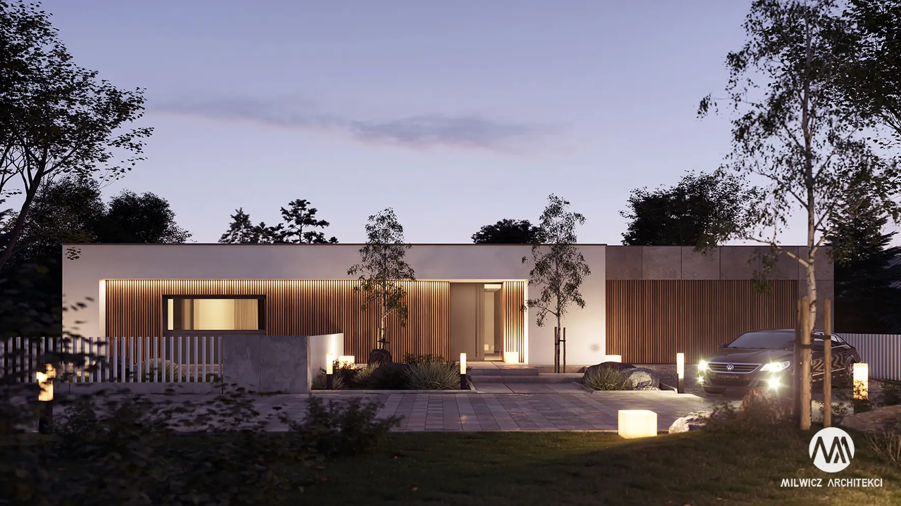 Milwicz architekci - projekt domu D131 - dom zewnątrz nocą