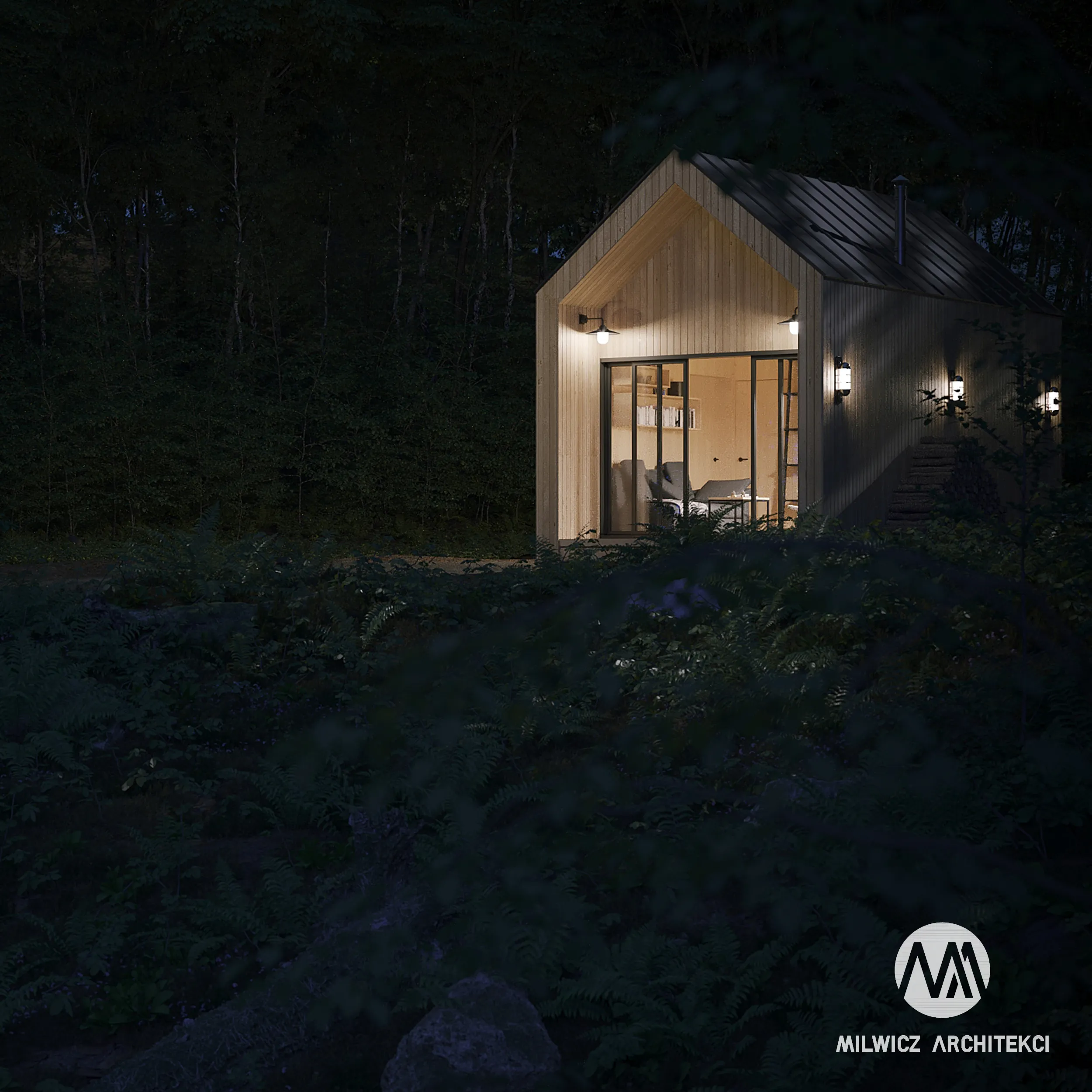 Milwicz architekci - projekt domu D16 - zewnątrz nocą