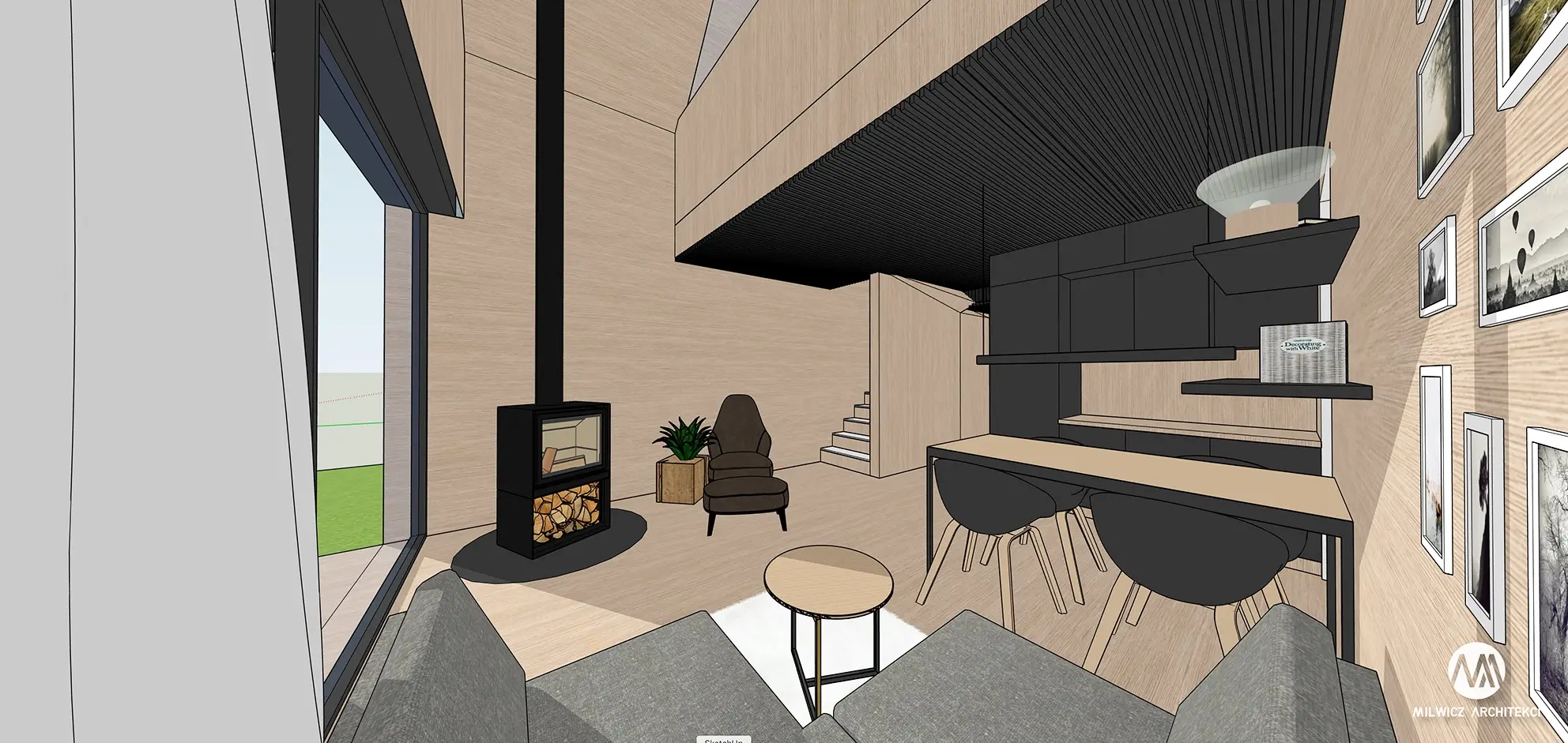 Gotowy projekt domu - Milwicz Architekci -Warszawa - wizualizacja salon i wejście na piętro