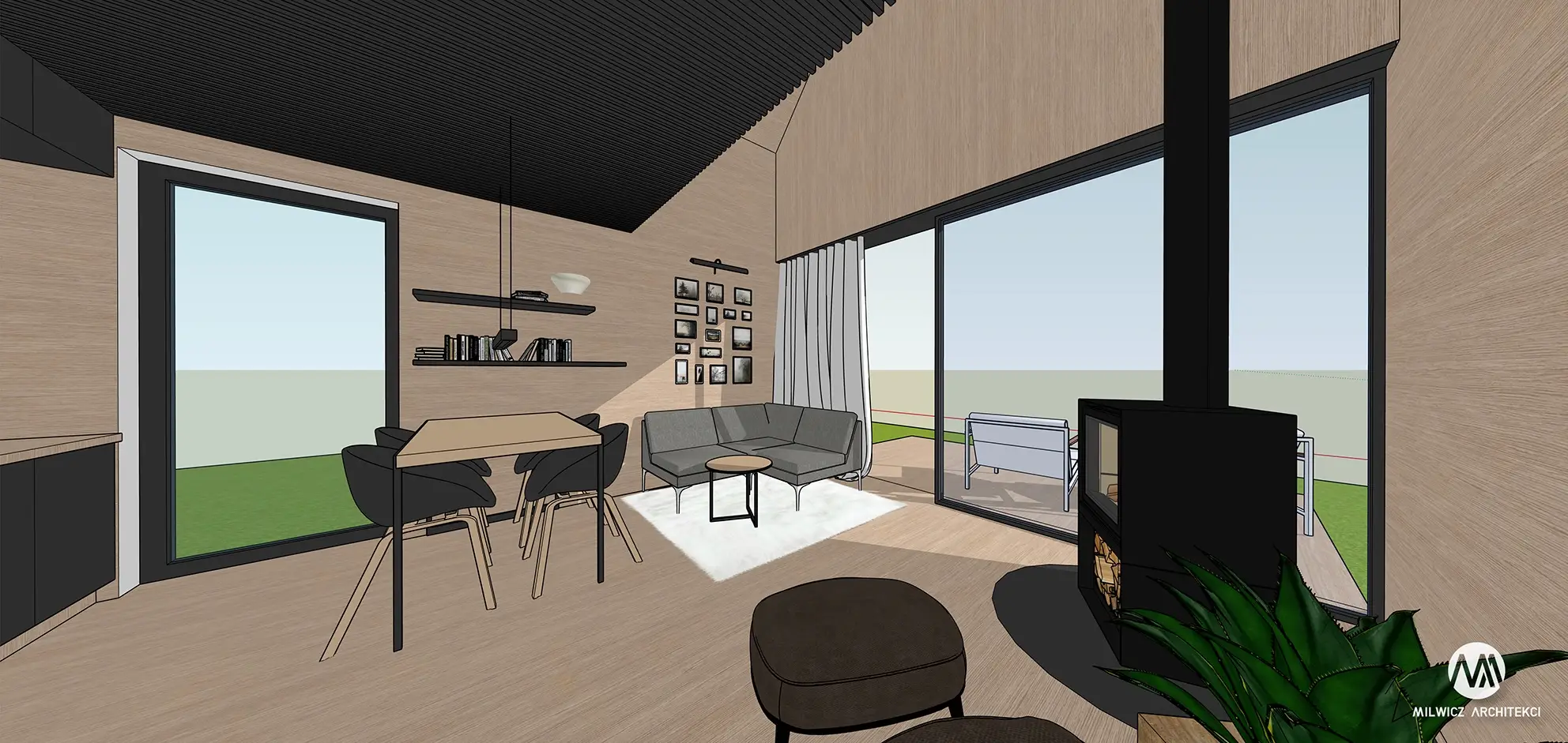 Gotowy projekt domu - Milwicz Architekci -Warszawa - wizualizacja salon z widokiem na zewnątrz