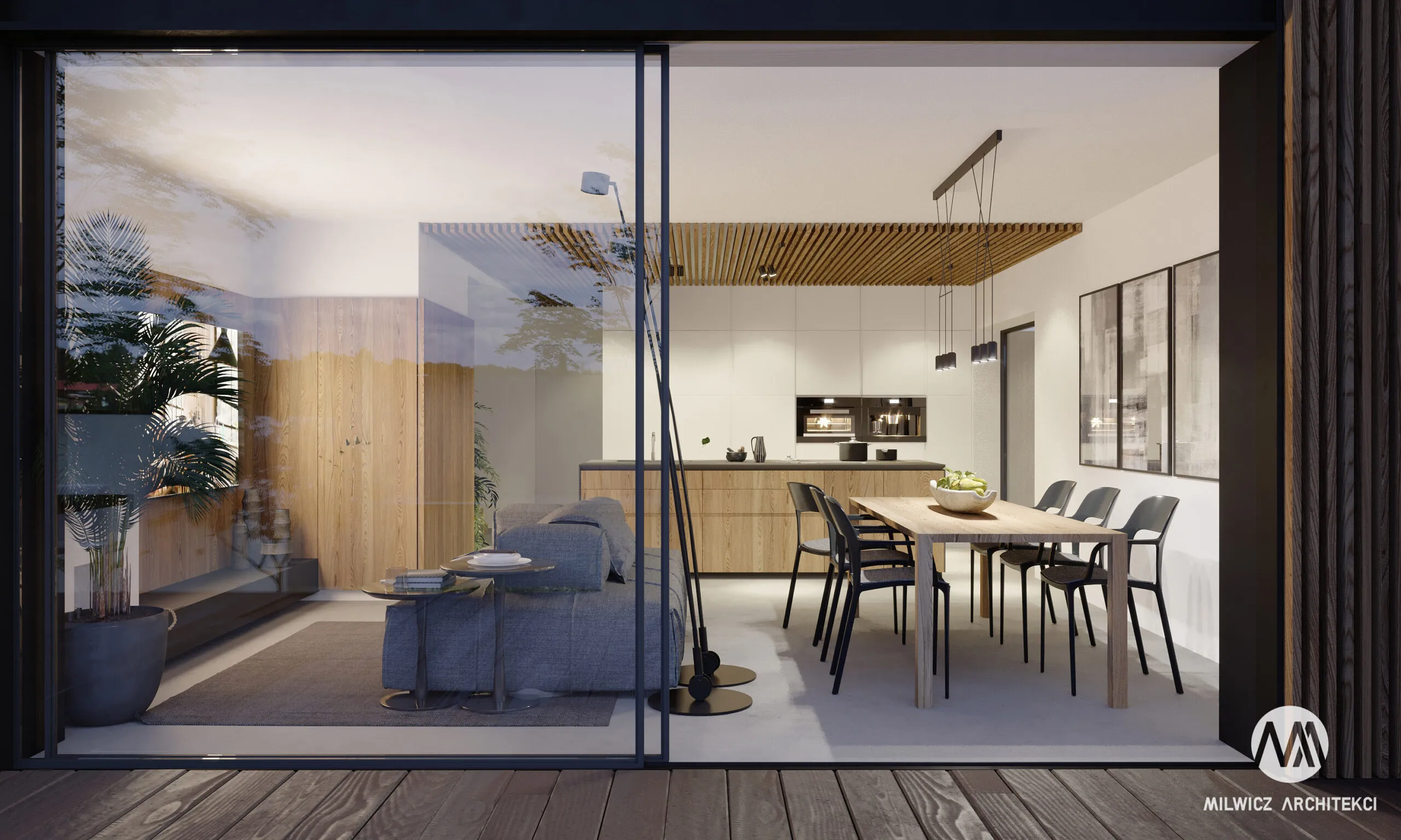 Milwicz architekci - projekt domu D89 104 - kuchnia i jadalnia nocą