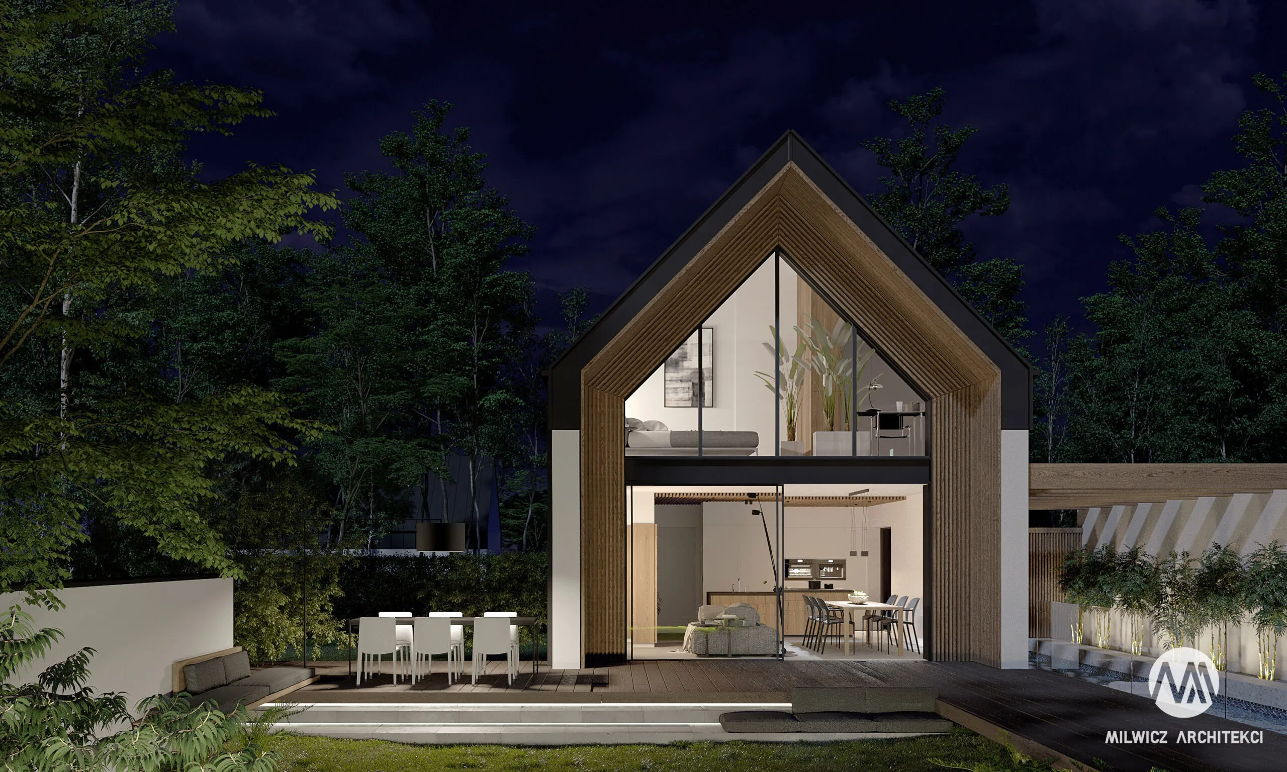 Milwicz architekci - projekt domu D89 104 - na zewnątrz nocą