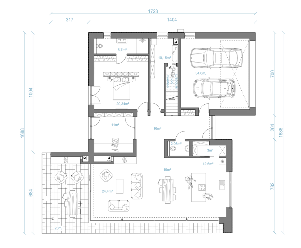 Nowoczesna Stodoła z tarasem - rysunek techniczny - Milwicz Architekci