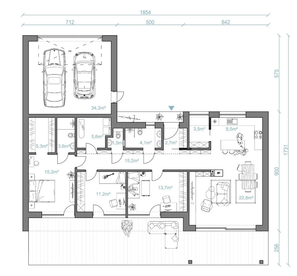 Projekt DOMOV - wersja z garażem - rysunek techniczny - Milwicz Architekci.